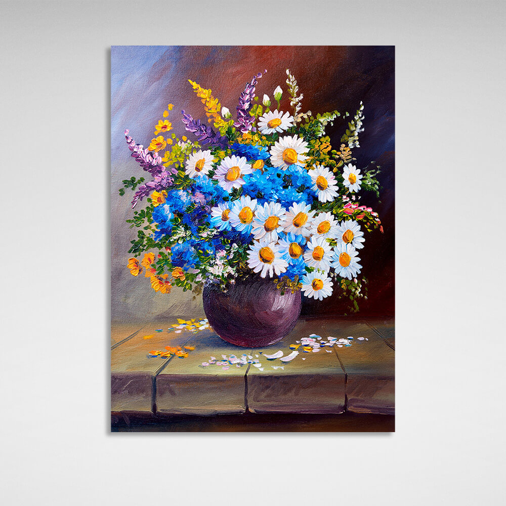 Potted wildflowers on a wooden table Canvas Wall Art Print