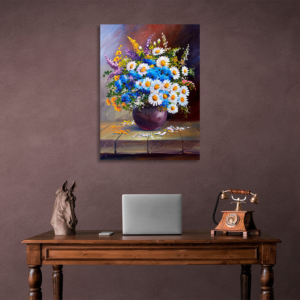 Potted wildflowers on a wooden table Canvas Wall Art Print