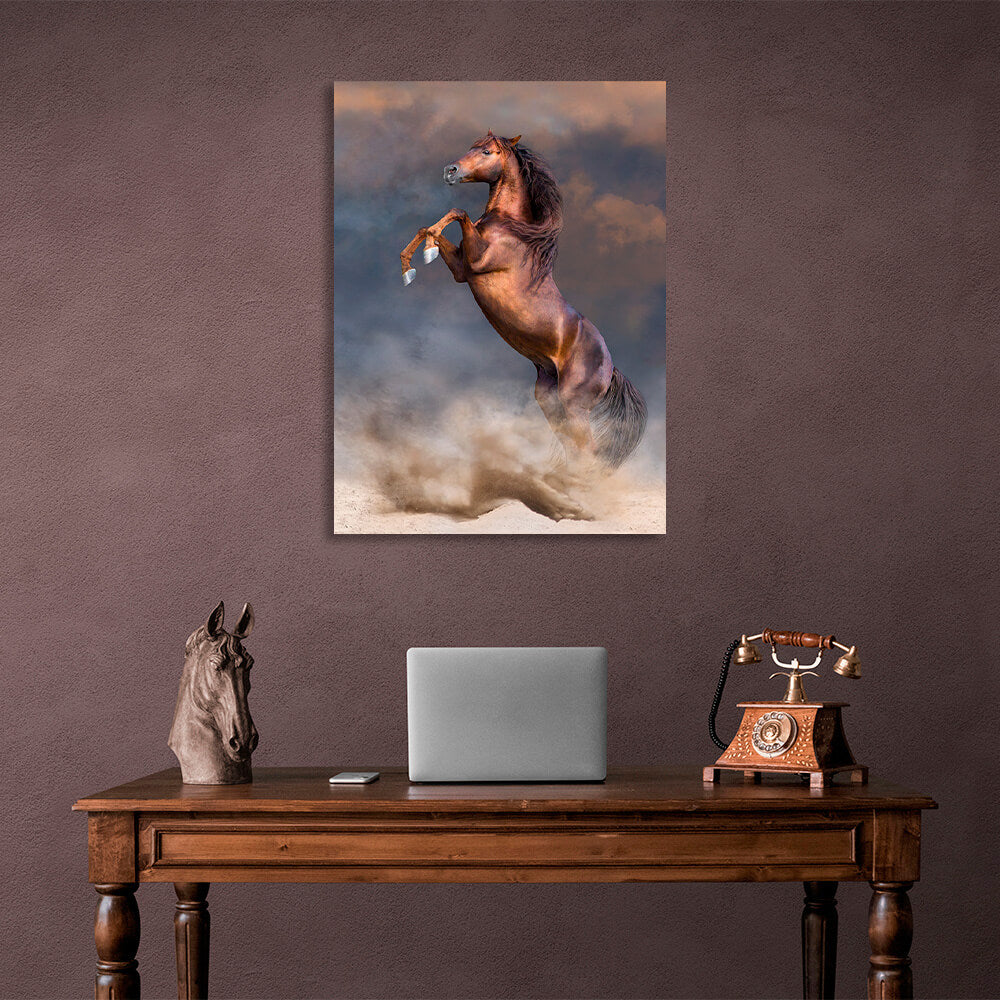 A sleek brown horse stands on two legs against a backdrop of storm clouds or just dark clouds Canvas Wall Art Print