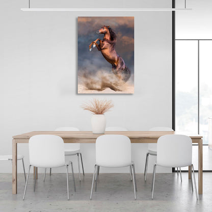 A sleek brown horse stands on two legs against a backdrop of storm clouds or just dark clouds Canvas Wall Art Print