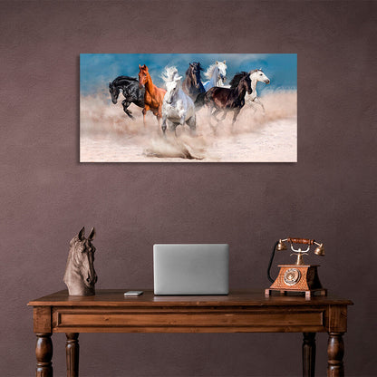 Horizontal picture of 7 horses running through the desert on the background of blue sky Canvas Wall Art Print