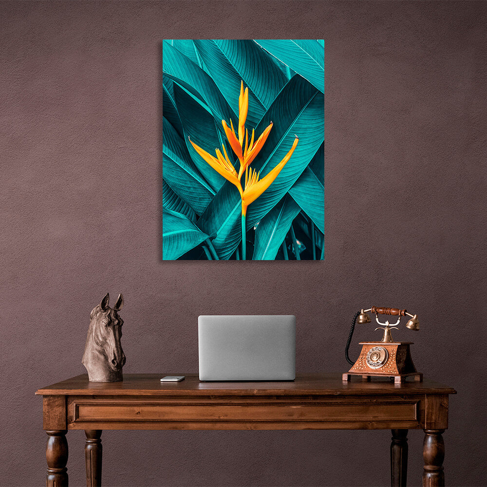 Yellow heliconia against its own green leaves Canvas Wall Art Print