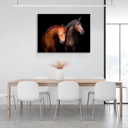 Light and dark brown horses on a black background Canvas Wall Art Print