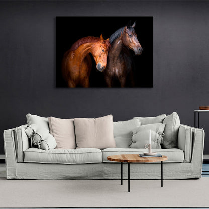 Light and dark brown horses on a black background Canvas Wall Art Print