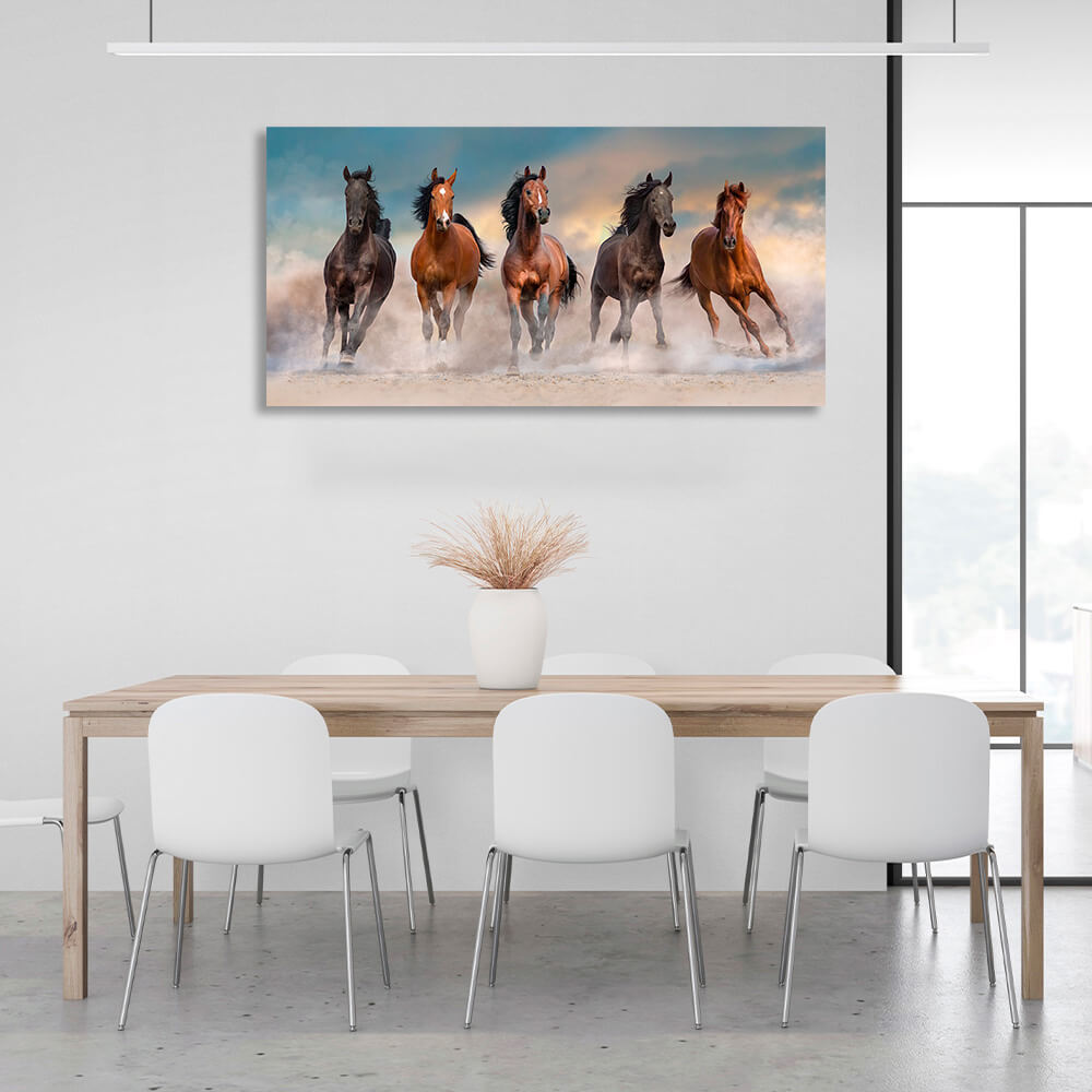 5 horses running through the desert against the blue sky Canvas Wall Art Print