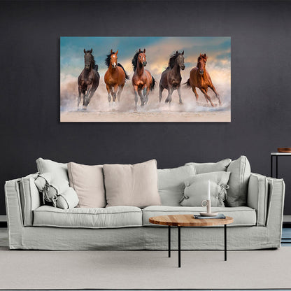 5 horses running through the desert against the blue sky Canvas Wall Art Print