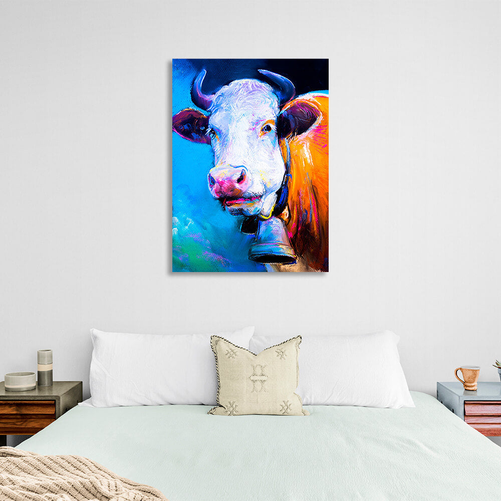 Mustard cow on blue background with simulated brush painting Canvas Wall Art Print