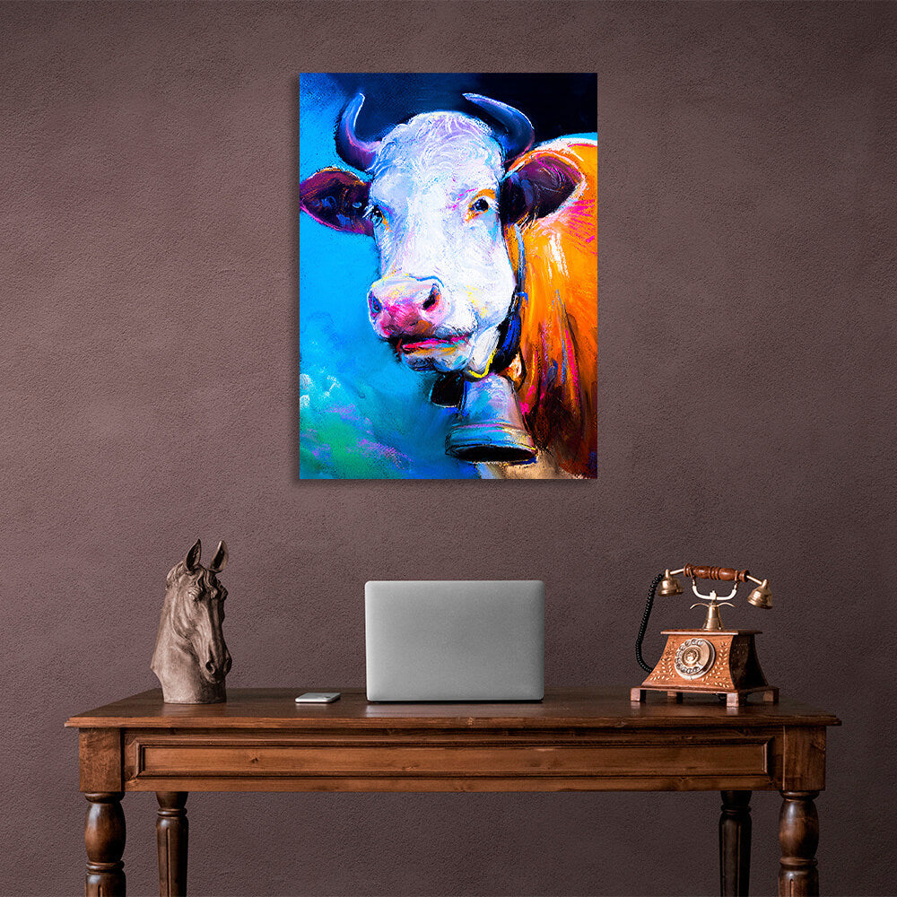 Mustard cow on blue background with simulated brush painting Canvas Wall Art Print