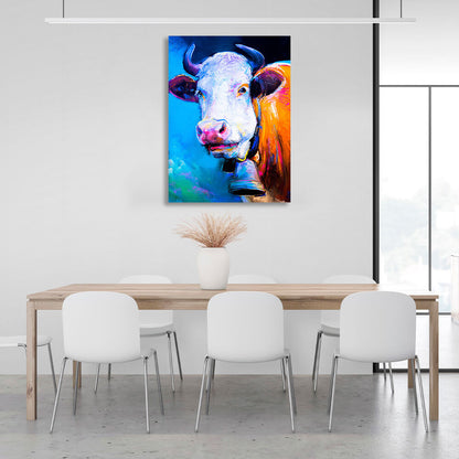 Mustard cow on blue background with simulated brush painting Canvas Wall Art Print