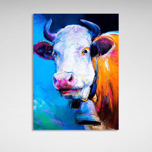 Mustard cow on blue background with simulated brush painting Canvas Wall Art Print