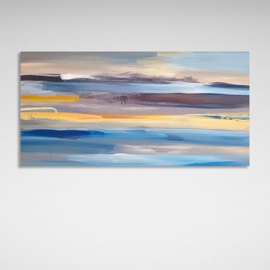 Abstract horizontal brush strokes in blue, yellow and blue colors Abstraction Canvas Wall Art Print