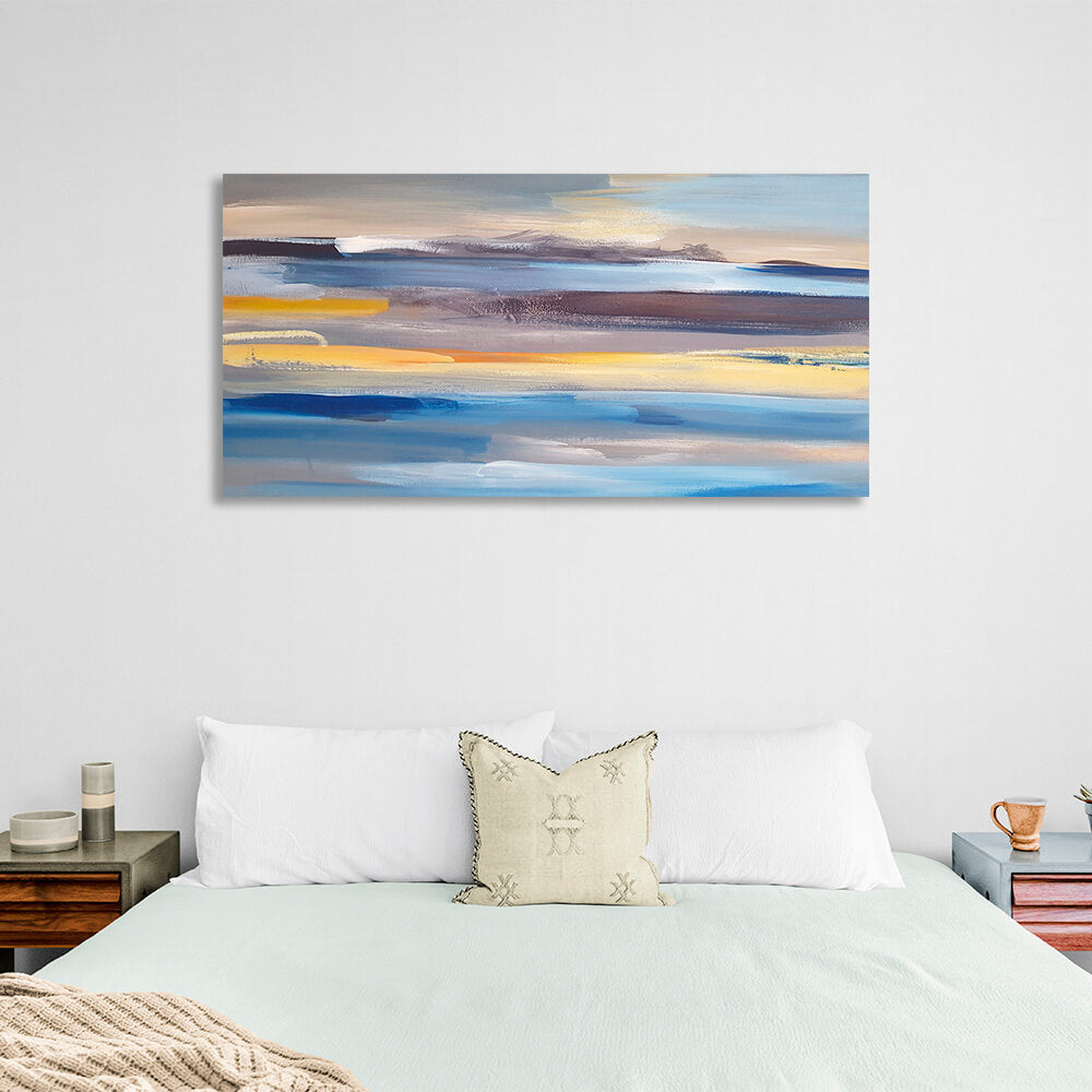 Abstract horizontal brush strokes in blue, yellow and blue colors Abstraction Canvas Wall Art Print