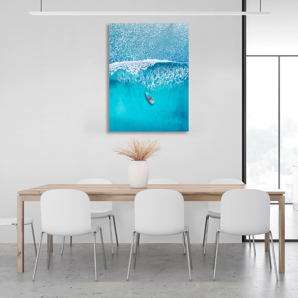 Gently blue boat from the top angle with blue waves of the sea Canvas Wall Art Print