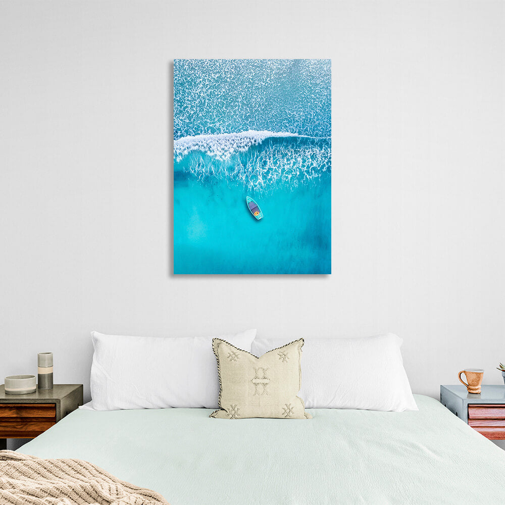 Gently blue boat from the top angle with blue waves of the sea Canvas Wall Art Print