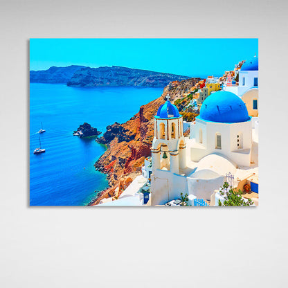 View of santorini tira - blue domes, traditional white houses Canvas Wall Art Print