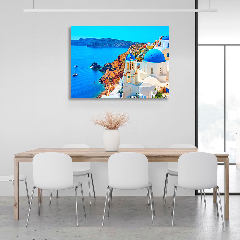 View of santorini tira - blue domes, traditional white houses Canvas Wall Art Print