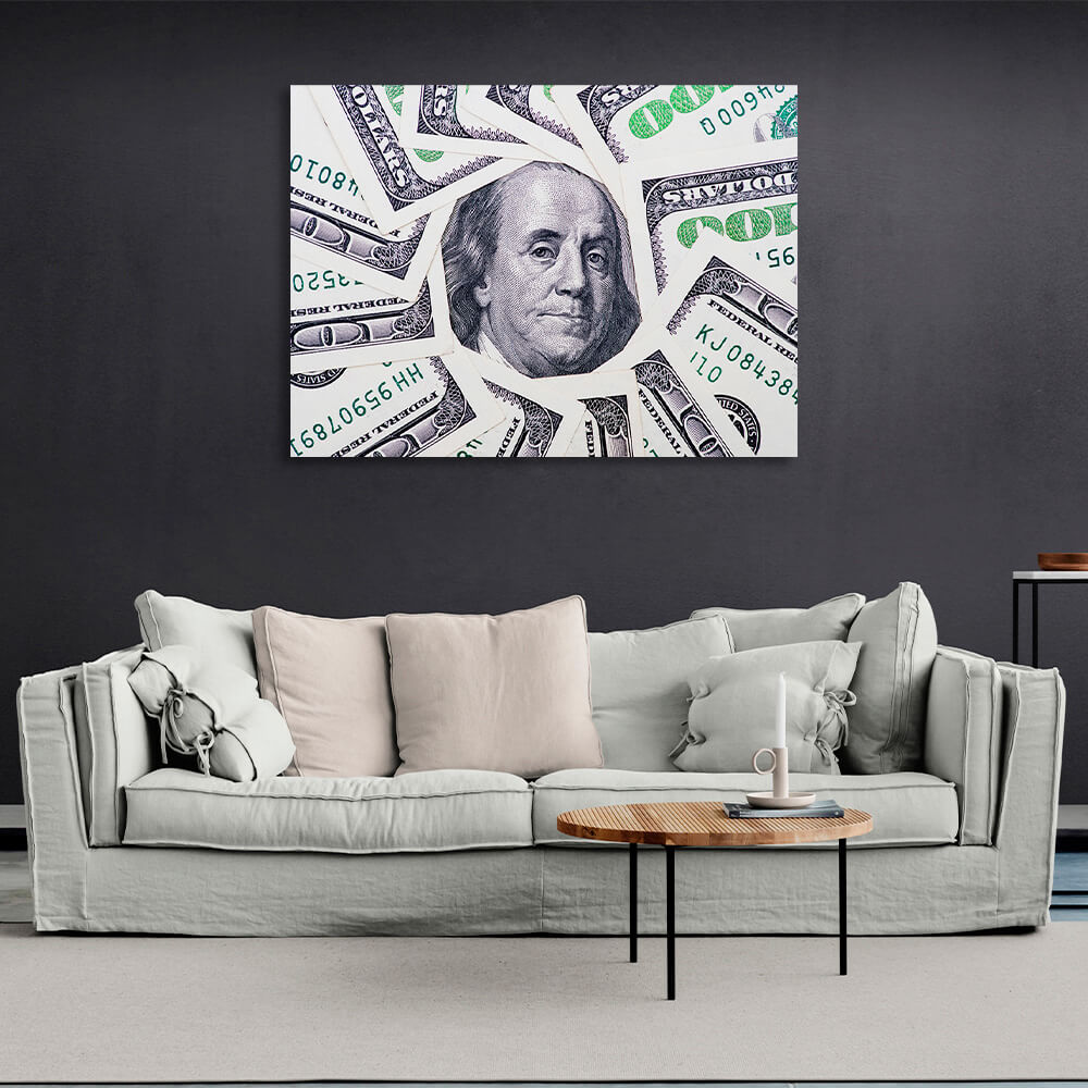 12 $100 bills, with a picture of Franklin in the middle. Inspirational Canvas Wall Art Print