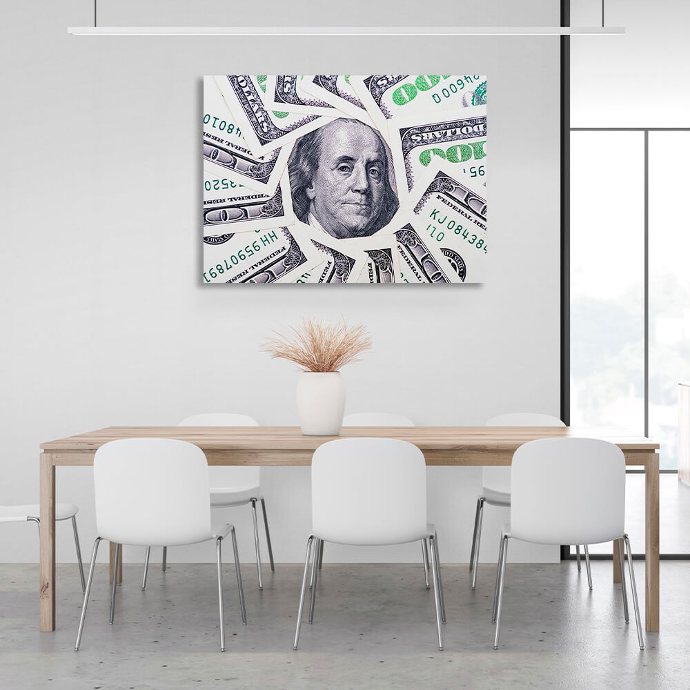 12 $100 bills, with a picture of Franklin in the middle. Inspirational Canvas Wall Art Print