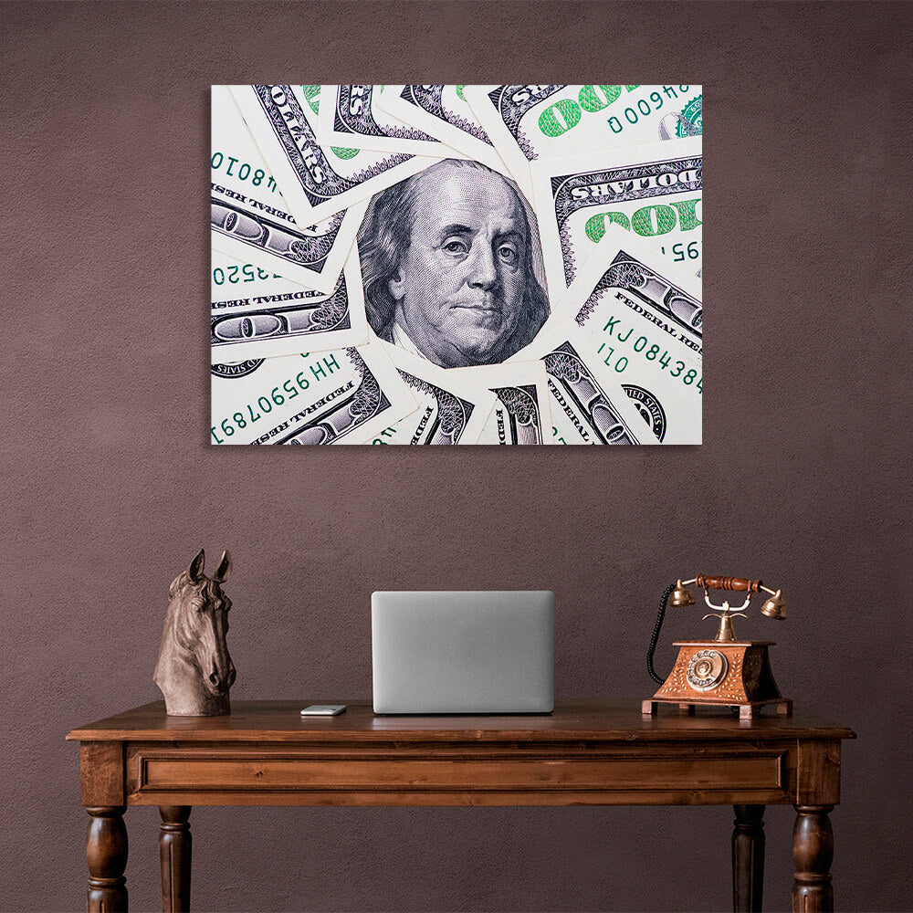 12 $100 bills, with a picture of Franklin in the middle. Inspirational Canvas Wall Art Print