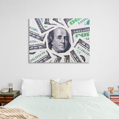 12 $100 bills, with a picture of Franklin in the middle. Inspirational Canvas Wall Art Print