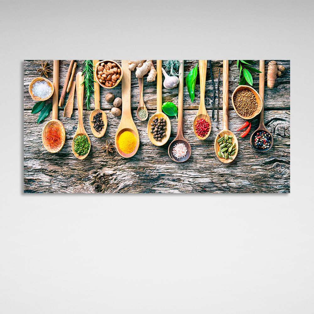 10 spoonfuls of spices on a wooden table with ginger garlic walnuts and pepper Canvas Wall Art Print For Kitchen