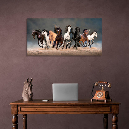 8 horses running on sand on dark background Canvas Wall Art Print