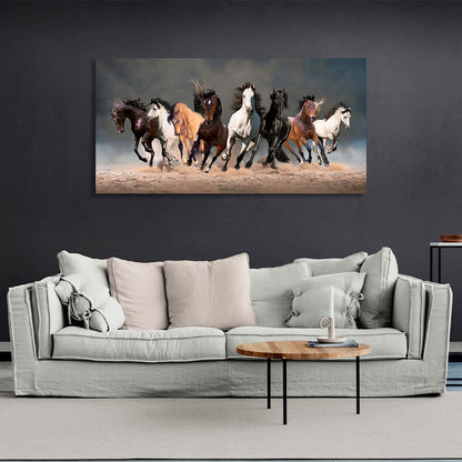 8 horses running on sand on dark background Canvas Wall Art Print