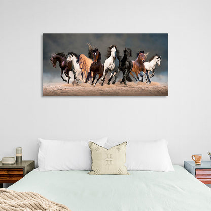 8 horses running on sand on dark background Canvas Wall Art Print