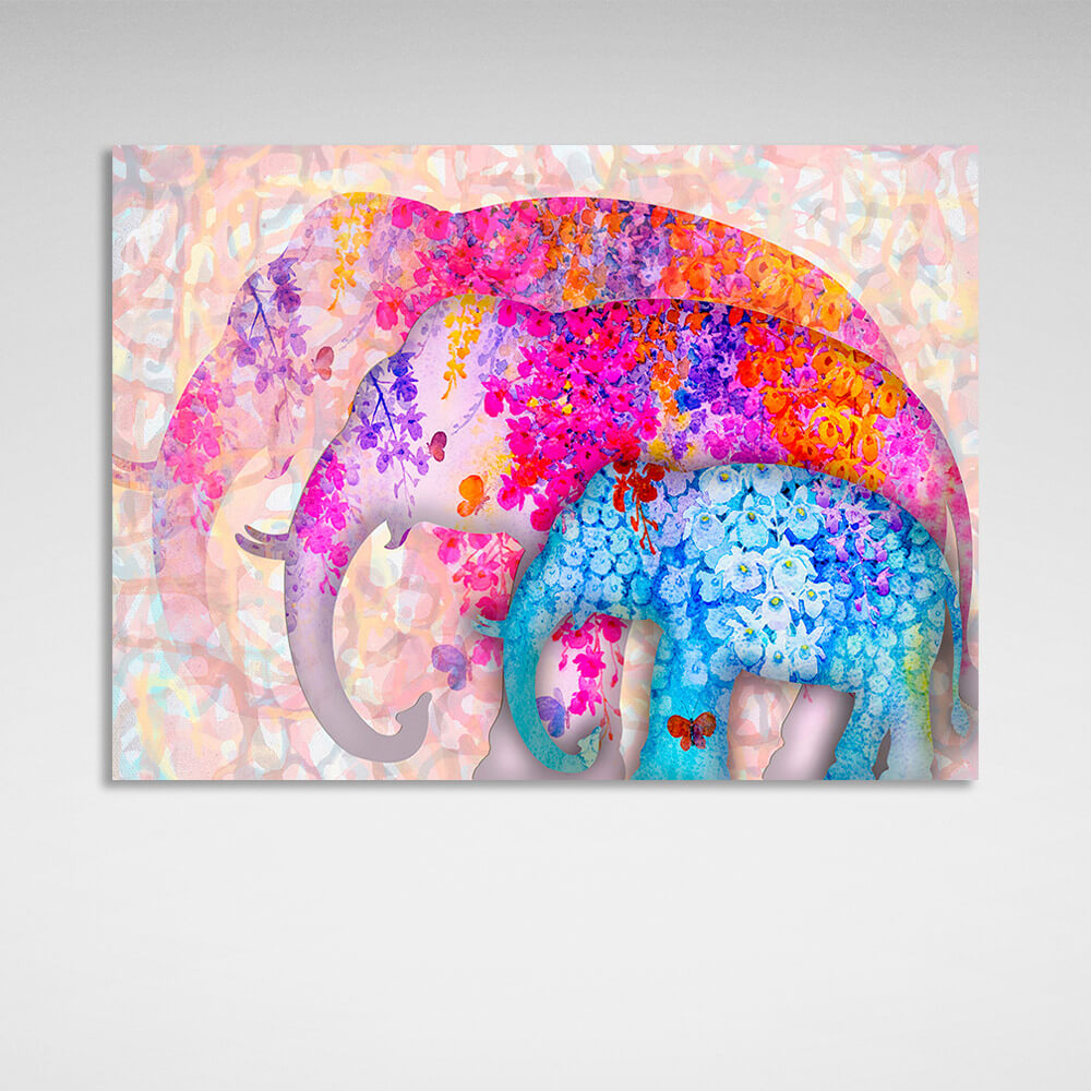 Three elephants of different sizes two of them are drawn in pink colors one in blue colors Canvas Wall Art Print