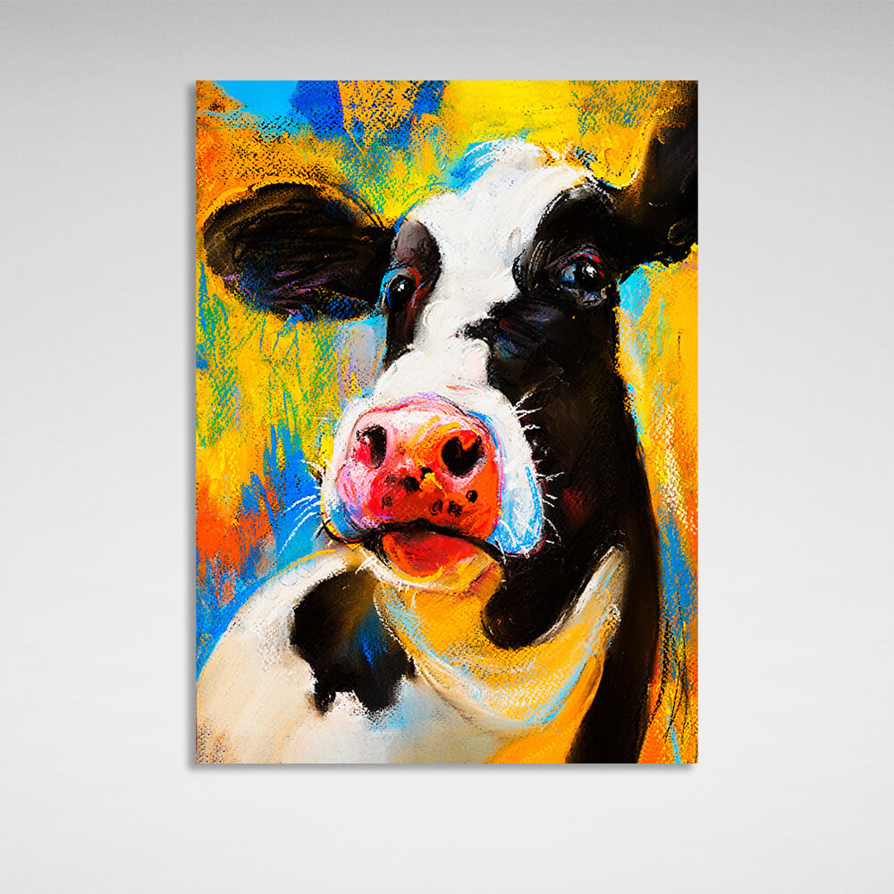 Black and white cow on a yellow and blue background Canvas Wall Art Print