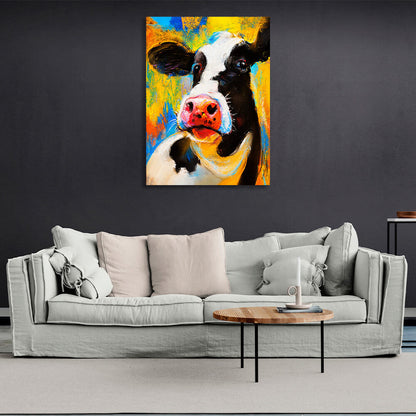 Black and white cow on a yellow and blue background Canvas Wall Art Print