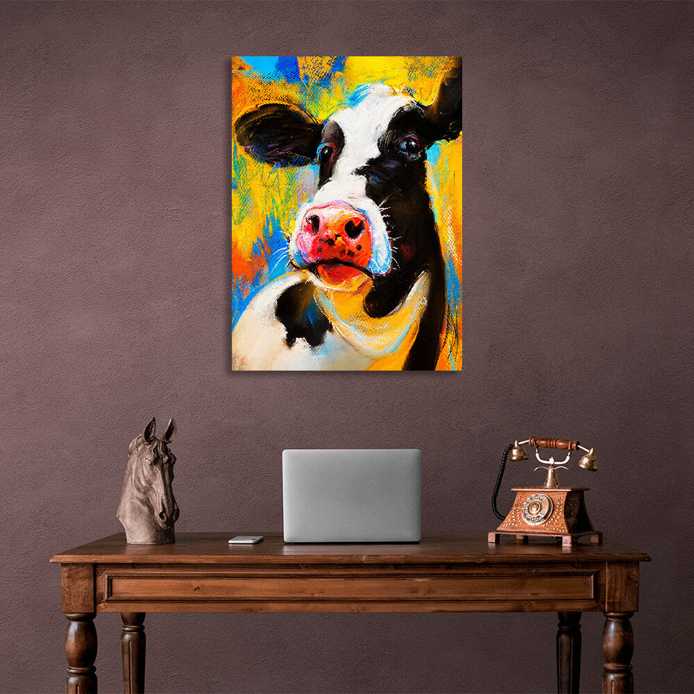 Black and white cow on a yellow and blue background Canvas Wall Art Print