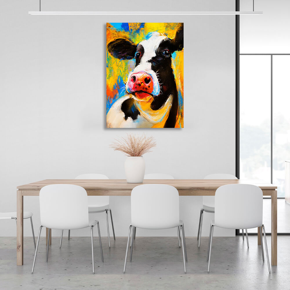 Black and white cow on a yellow and blue background Canvas Wall Art Print