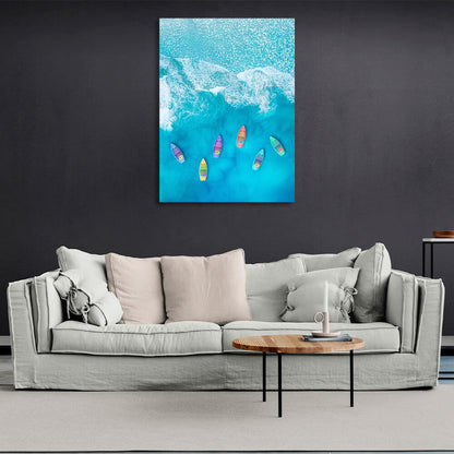 Six colorful boats in a soft blue sea with white foam Canvas Wall Art Print