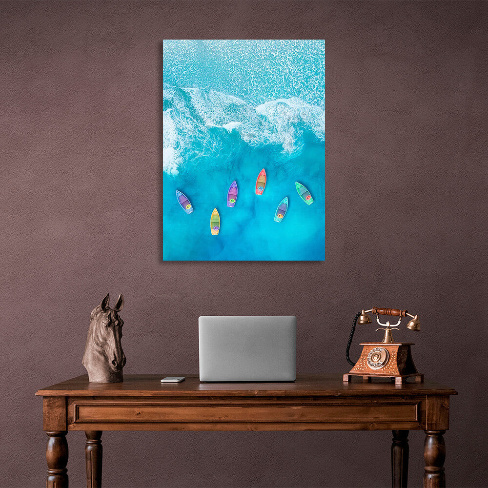 Six colorful boats in a soft blue sea with white foam Canvas Wall Art Print