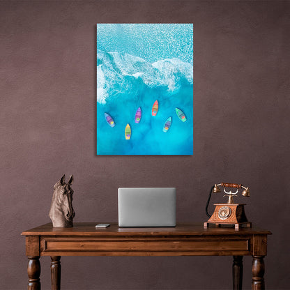 Six colorful boats in a soft blue sea with white foam Canvas Wall Art Print