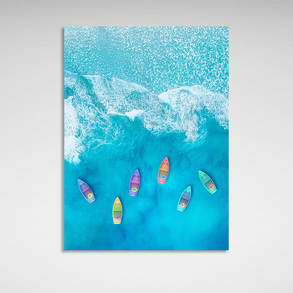 Six colorful boats in a soft blue sea with white foam Canvas Wall Art Print