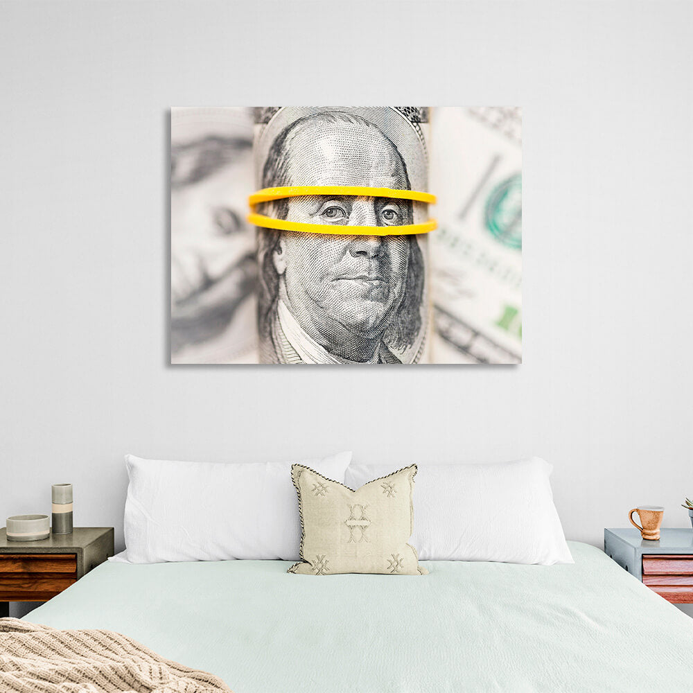 Franklin on a blurry background of dollars Inspirational Canvas Wall Art Print