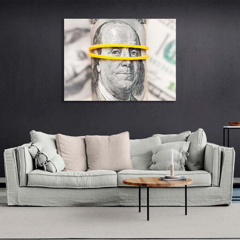 Franklin on a blurry background of dollars Inspirational Canvas Wall Art Print