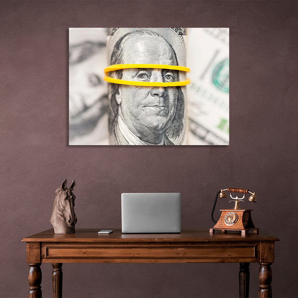 Franklin on a blurry background of dollars Inspirational Canvas Wall Art Print