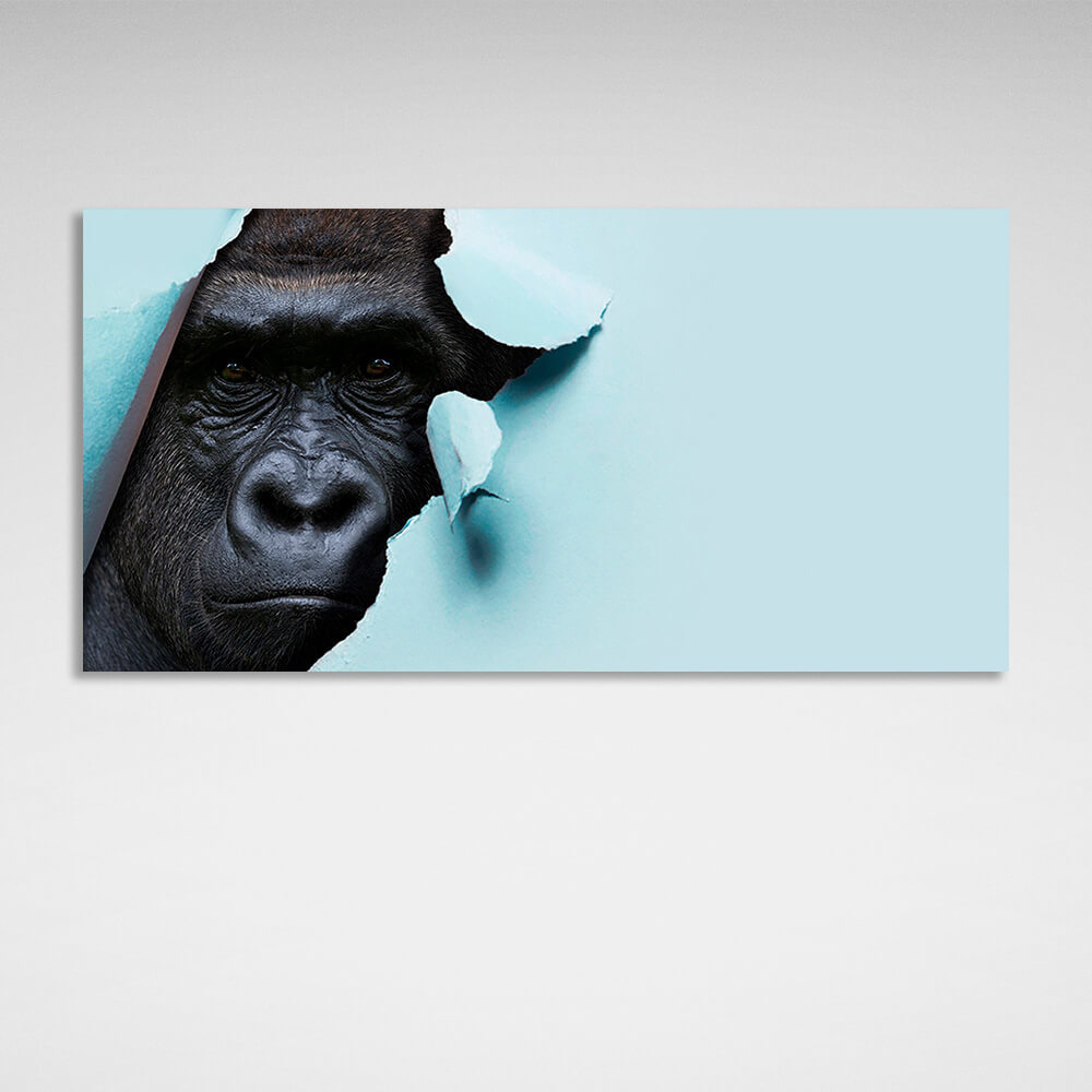 Black gorilla on a blue background Canvas Wall Art Print