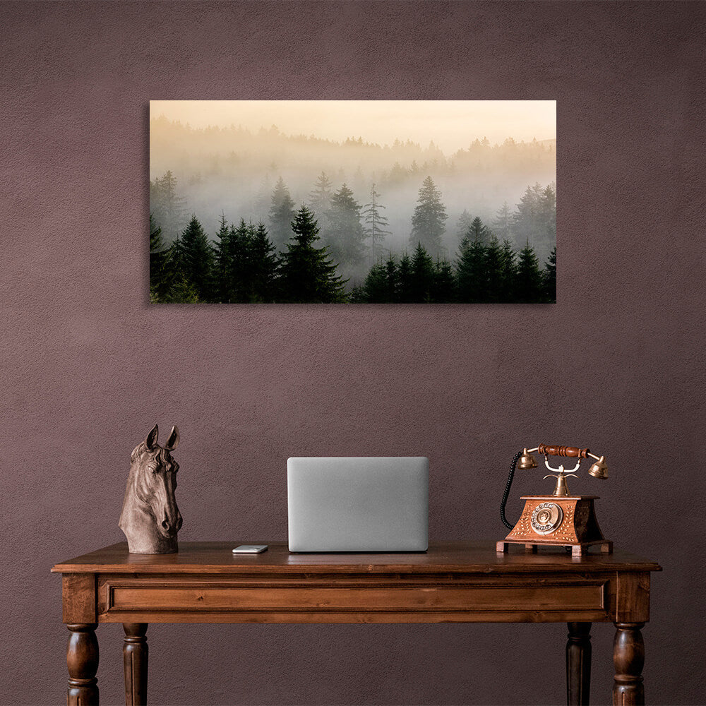 A misty forest of Christmas trees Canvas Wall Art Print