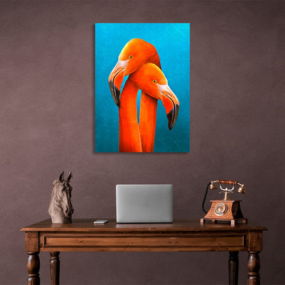 Two orange flamingos on a blue background Canvas Wall Art Print