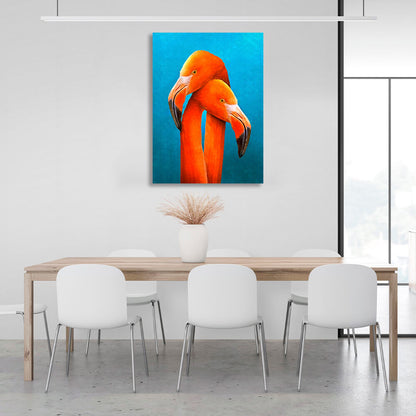 Two orange flamingos on a blue background Canvas Wall Art Print