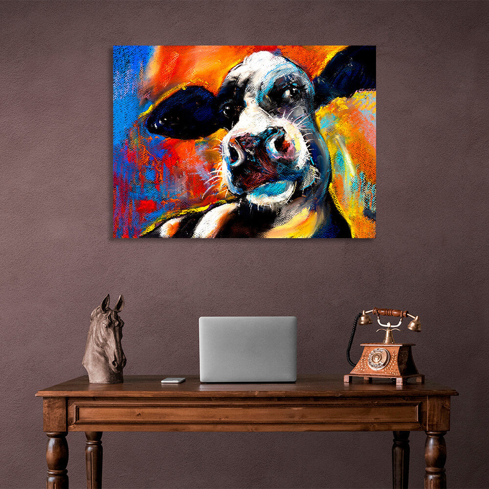 Black and white cow on a colorful background Canvas Wall Art Print