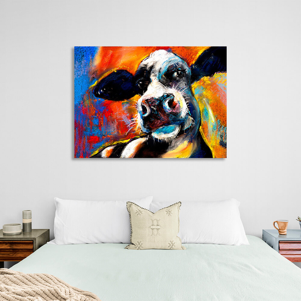 Black and white cow on a colorful background Canvas Wall Art Print