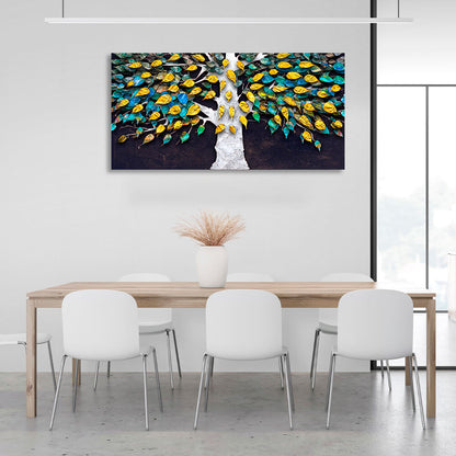 White tree with yellow and green-blue leaves on a brown background Canvas Wall Art Print