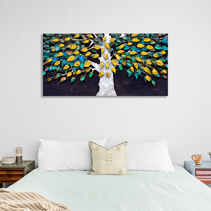 White tree with yellow and green-blue leaves on a brown background Canvas Wall Art Print