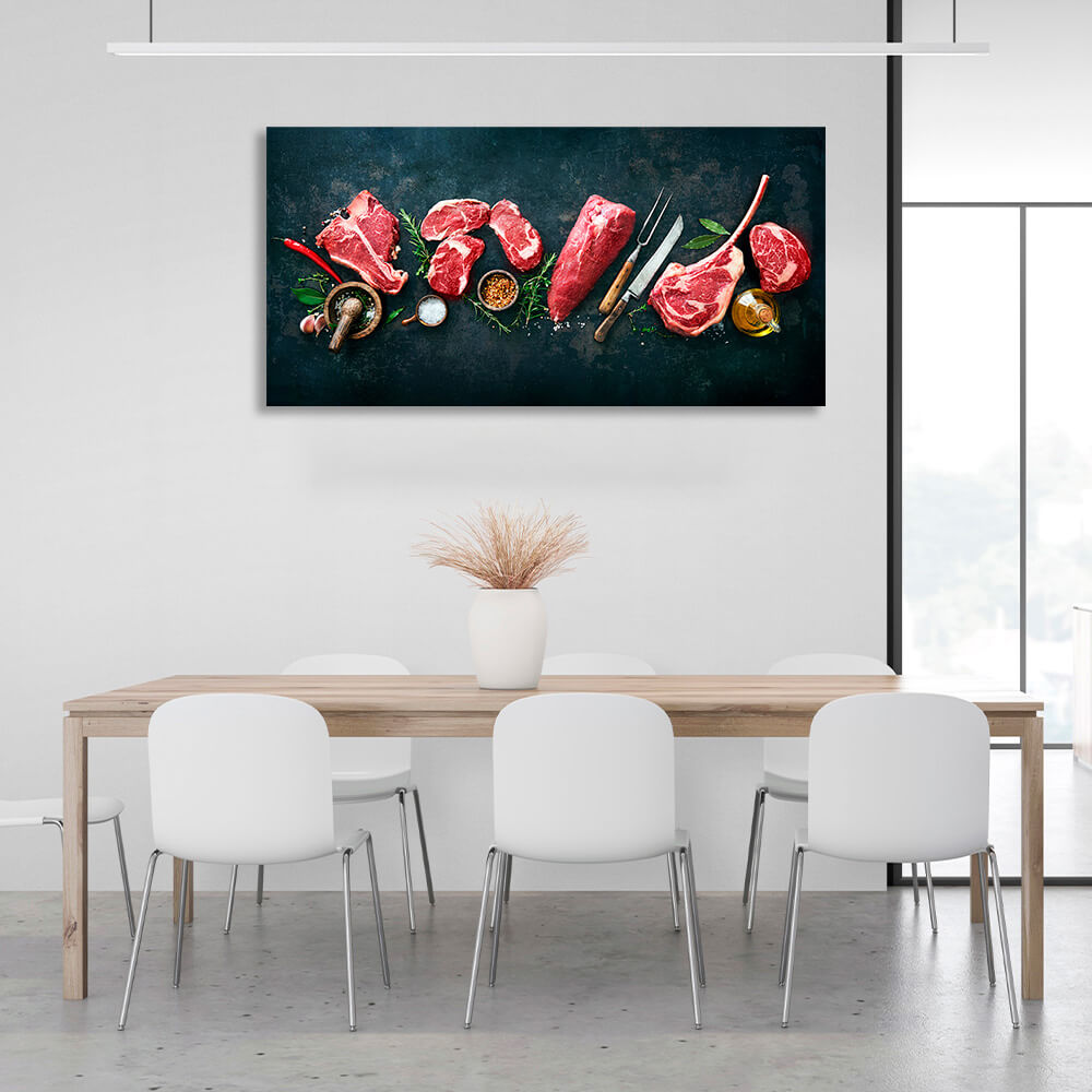 Beef meat on a black background with spices Canvas Wall Art Print For Kitchen