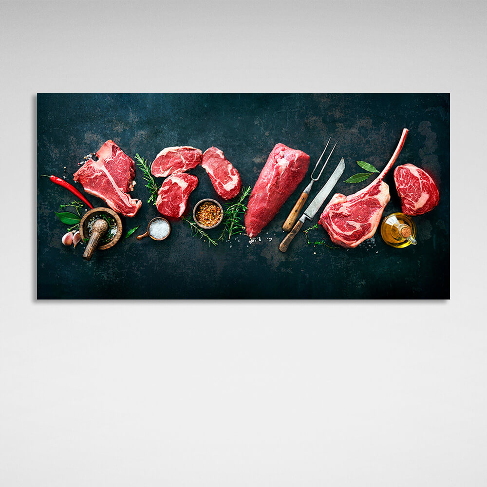 Beef meat on a black background with spices Canvas Wall Art Print For Kitchen